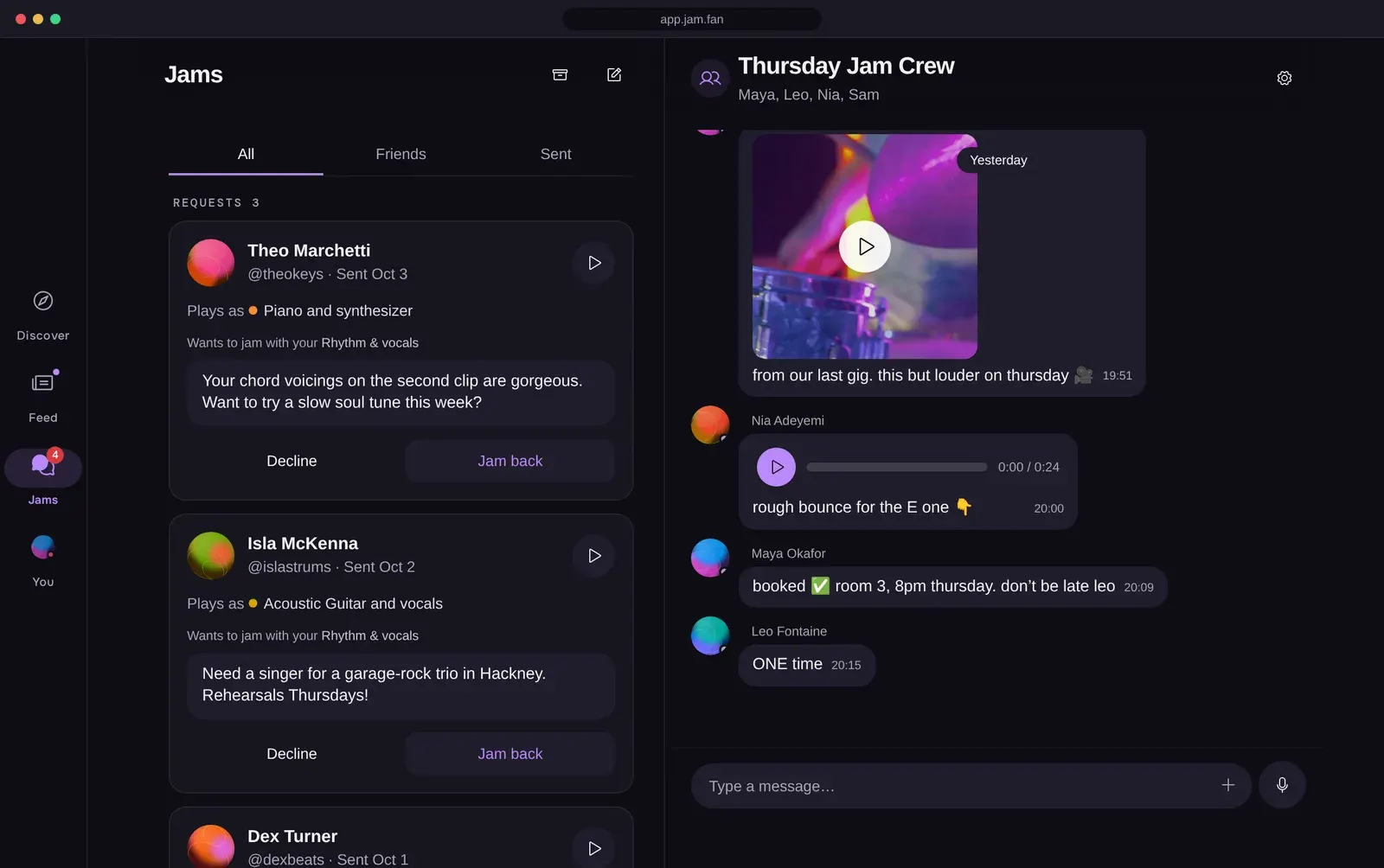 The jam.fan app in a browser: Jam requests on the left, the Thursday Jam Crew group chat with a gig clip and a voice note on the right