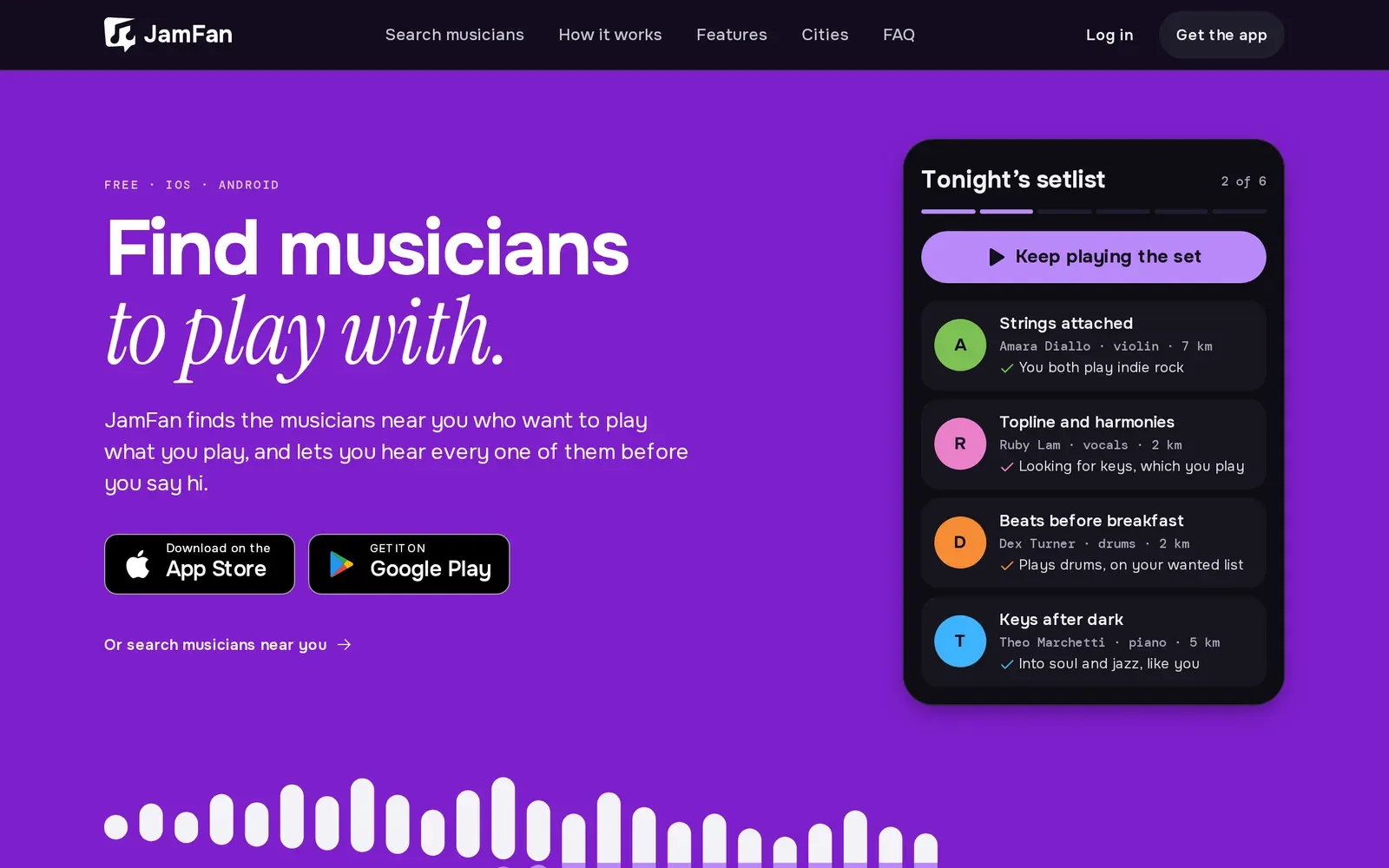 The jam.fan landing page: Find musicians to play with, beside a card of tonight’s setlist