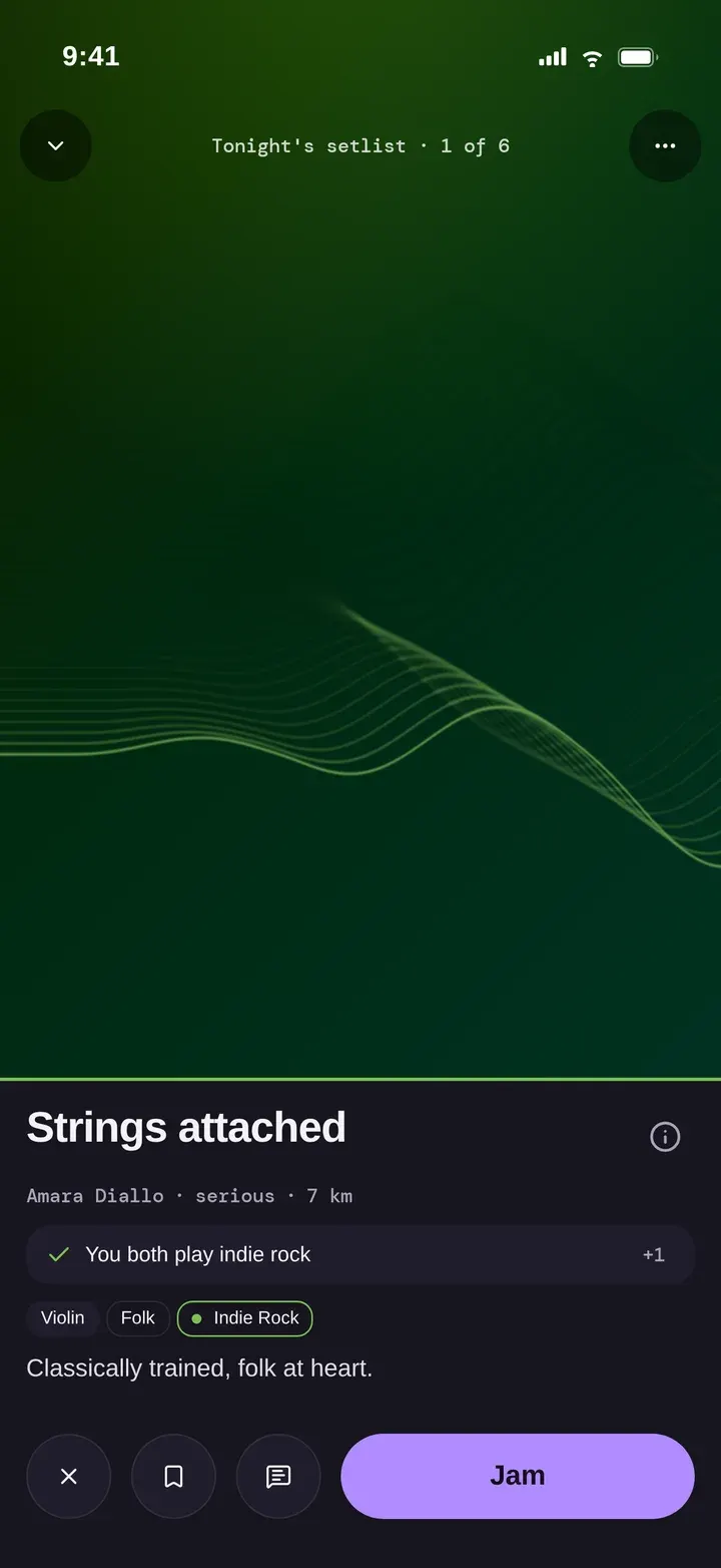 A musician’s card in the app, Strings attached, with a Jam button