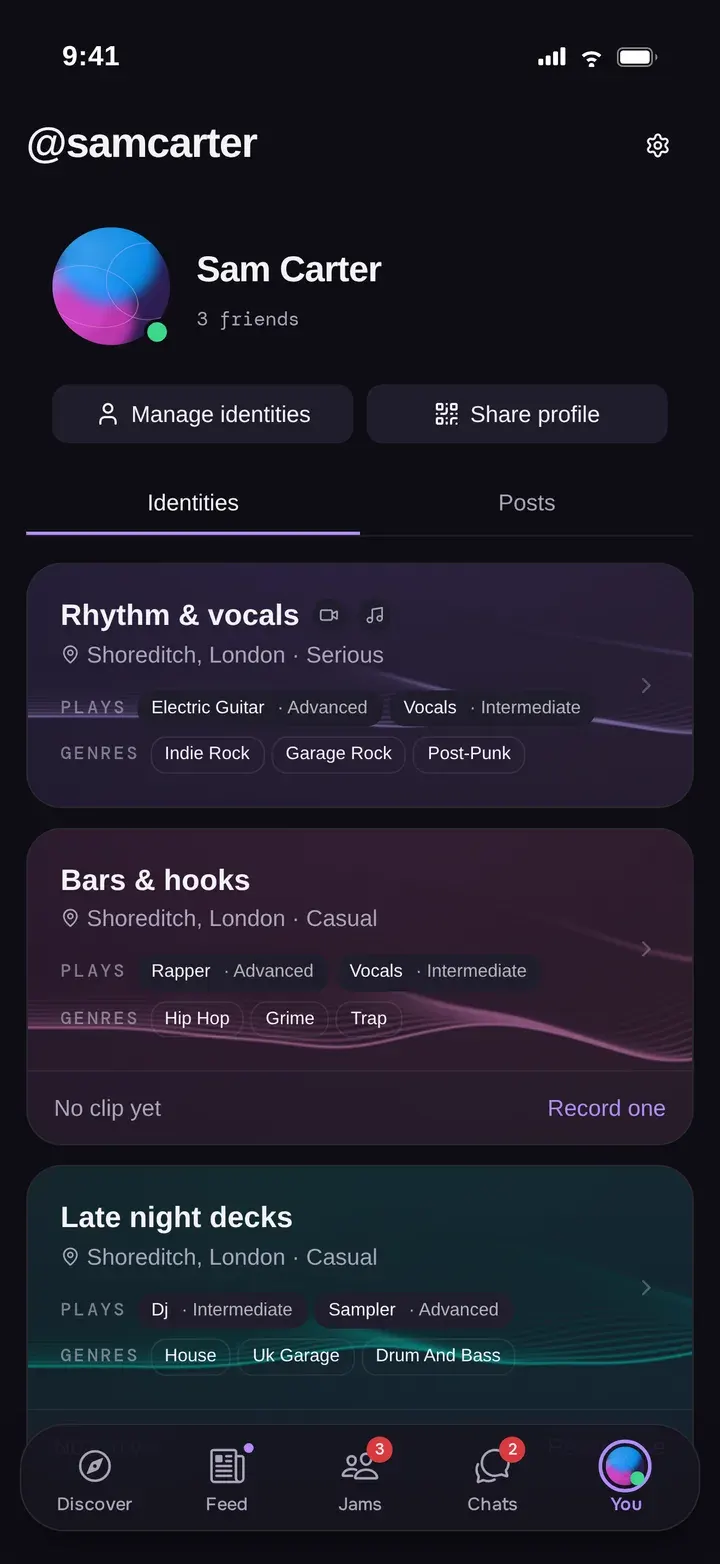 A JamFan profile with three identities: Rhythm & vocals, Bars & hooks, Late night decks